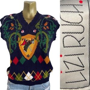 LIZI RUCH Vintage 90s GOLF Motif Argyle Preppy SWEATER VEST Size Medium As-Is
